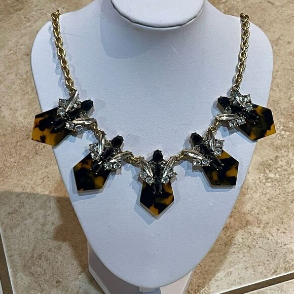J. Crew Tortoiseshell & Crystal Rhinestone Gold Tone Fashion Statement Necklace - Picture 1 of 9